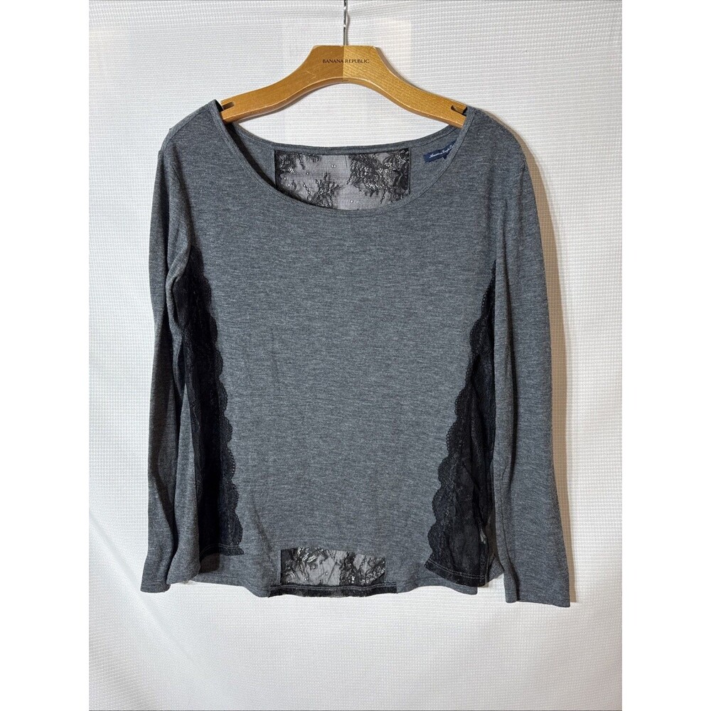 American Eagle Lace Semi-Cropped Lightweight Gray/Black LS boho goth - S